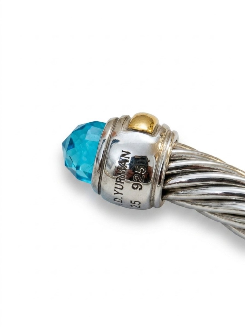 David Yurman 7mm Cable Classic Cuff Bracelet Sterling Silver 14K Gold Blue Topaz - Picture 2 of 6